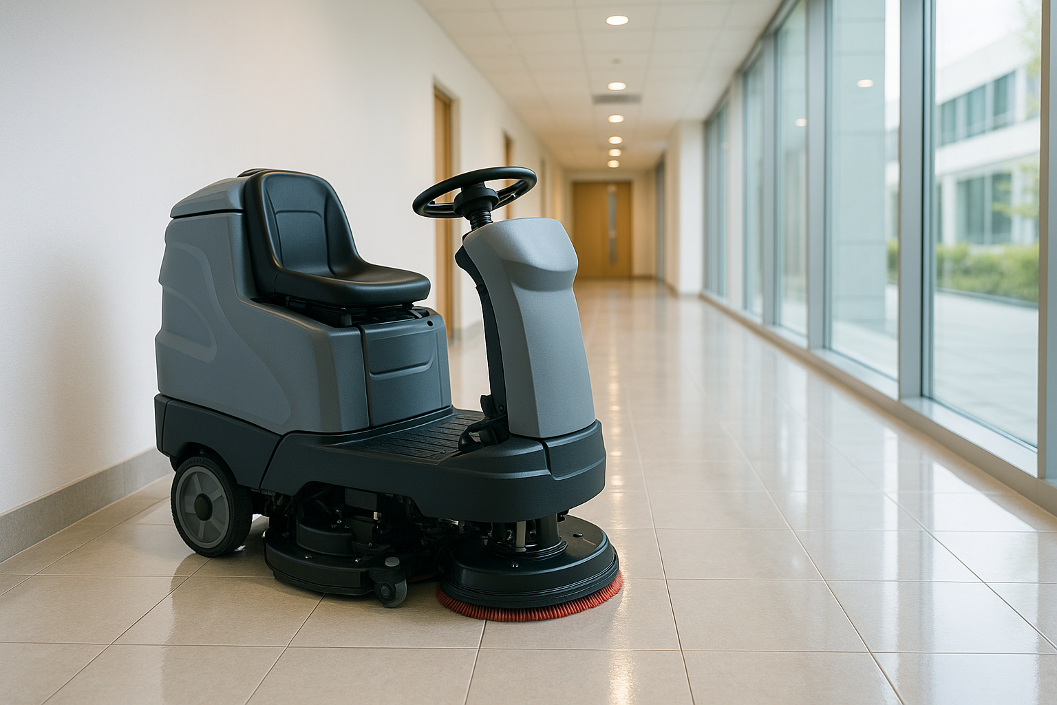 Professional cleaning staff in a modern office environment